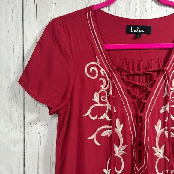 Lulus Embroidered Boho Lace Up Tassel Red Summer Beachy Tunic Mini Dress - Picture 3 of 16